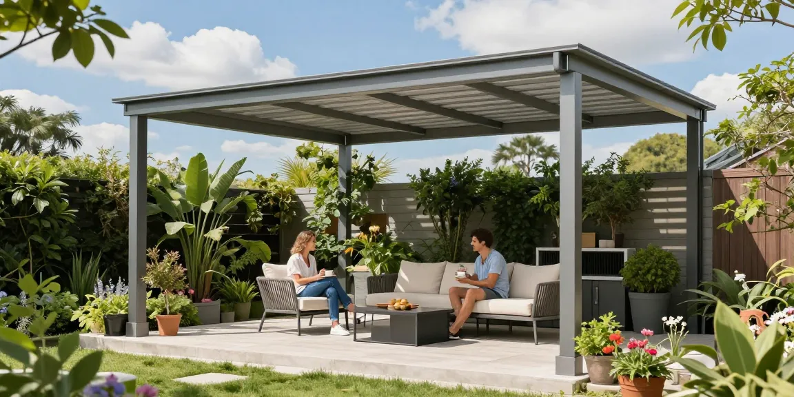 Elegante Terrassenüberdachungen in einem einladenden Garten mit modernen Möbeln.