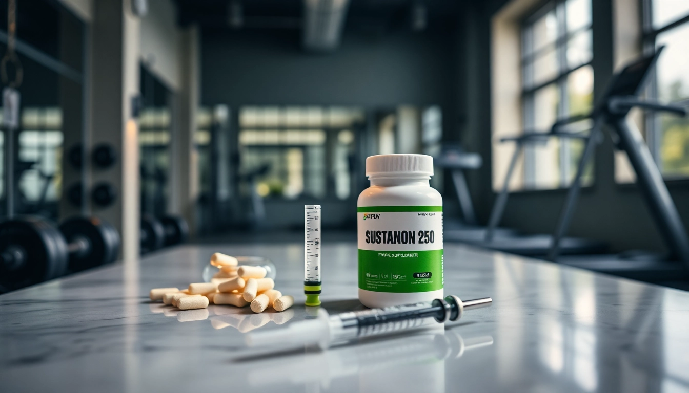 Sustanon 250 kaufen zeigt professionelle Fitnesspräparate auf einer eleganten Fläche.