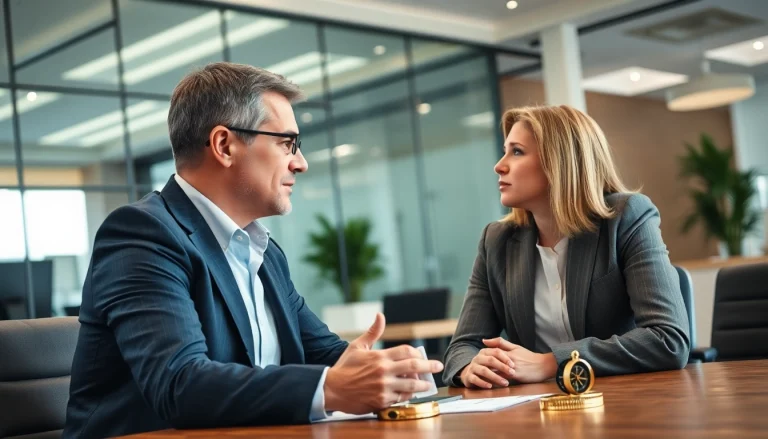 Headhunter Schweiz in einem modernen Büro, während er mit einem Kandidaten spricht.