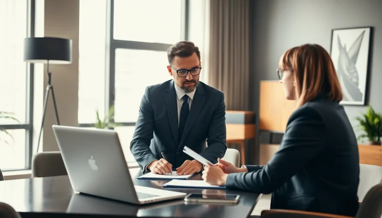 Der Headhunter Schweiz berät einen Klienten in einem modernen Büro, weckt Vertrauen.