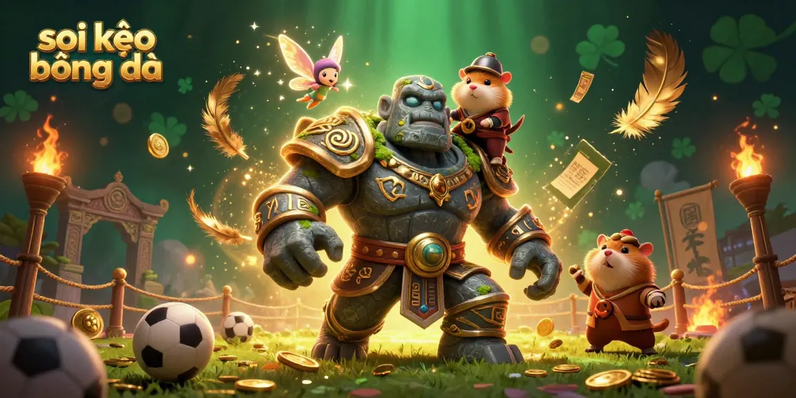 Engage in soi kèo bóng đá with a vibrant scene featuring a golem, fairy, and hamster knight.