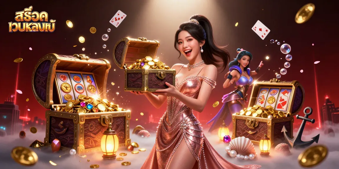 Experience the thrill of สล็อตเว็บตรงแท้ with an exciting treasure reveal from a stunning character amidst vibrant casino elements.