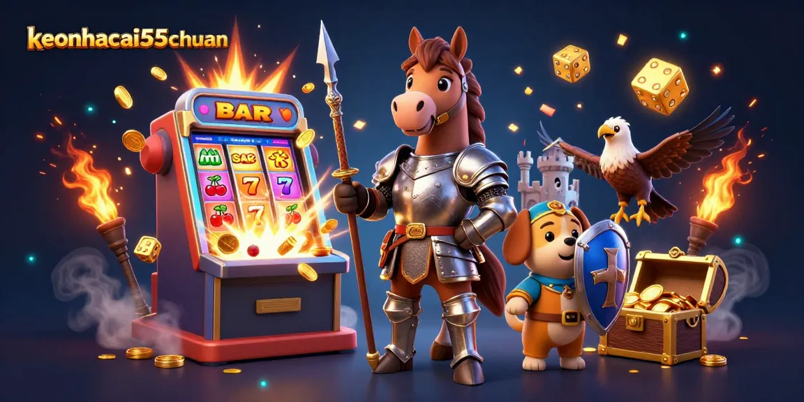 Experience the excitement of keonhacai55chuan with this dynamic casino-themed illustration featuring a knight and colorful gaming elements.