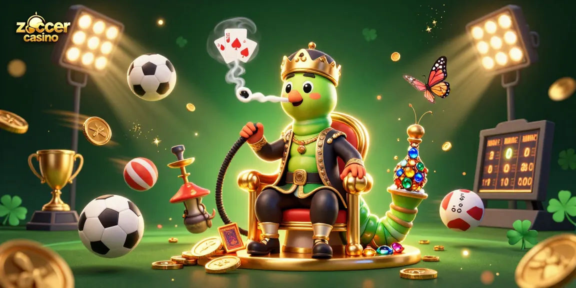 Zoccer casino's vibrant scene features a mystical caterpillar hookah-master in a golden mushroom throne surrounded by sports balls.