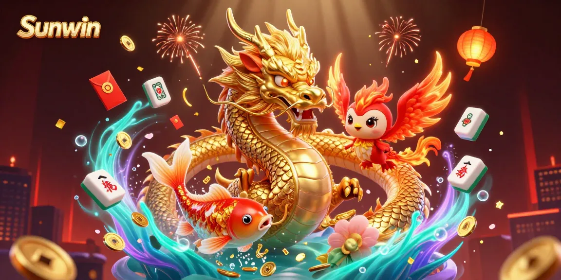Sunwin showcases a powerful golden dragon, red phoenix, and koi fish in a vibrant casino scene, celebrating luck and prosperity.