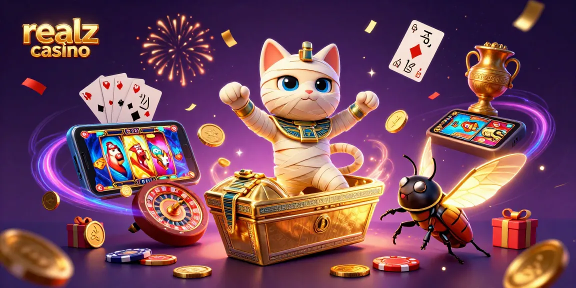 Engage with the excitement of realz casino as an Egyptian mummy cat bursts from a sarcophagus amidst vibrant gaming elements.
