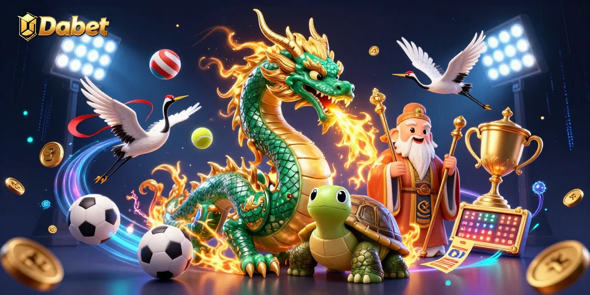 Dabet showcases a mystical dragon and turtle sage amidst dynamic sports elements for thrilling gaming adventures.