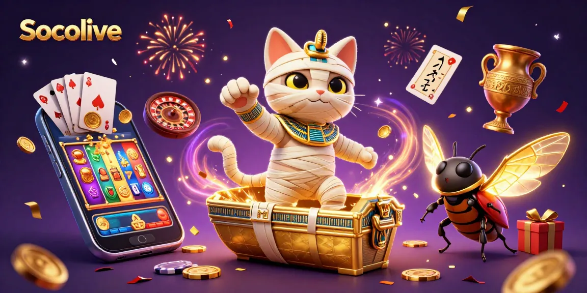 Socolive's Egyptian mummy cat and scarab beetle illuminate the vibrant casino scene with floating hieroglyph cards.