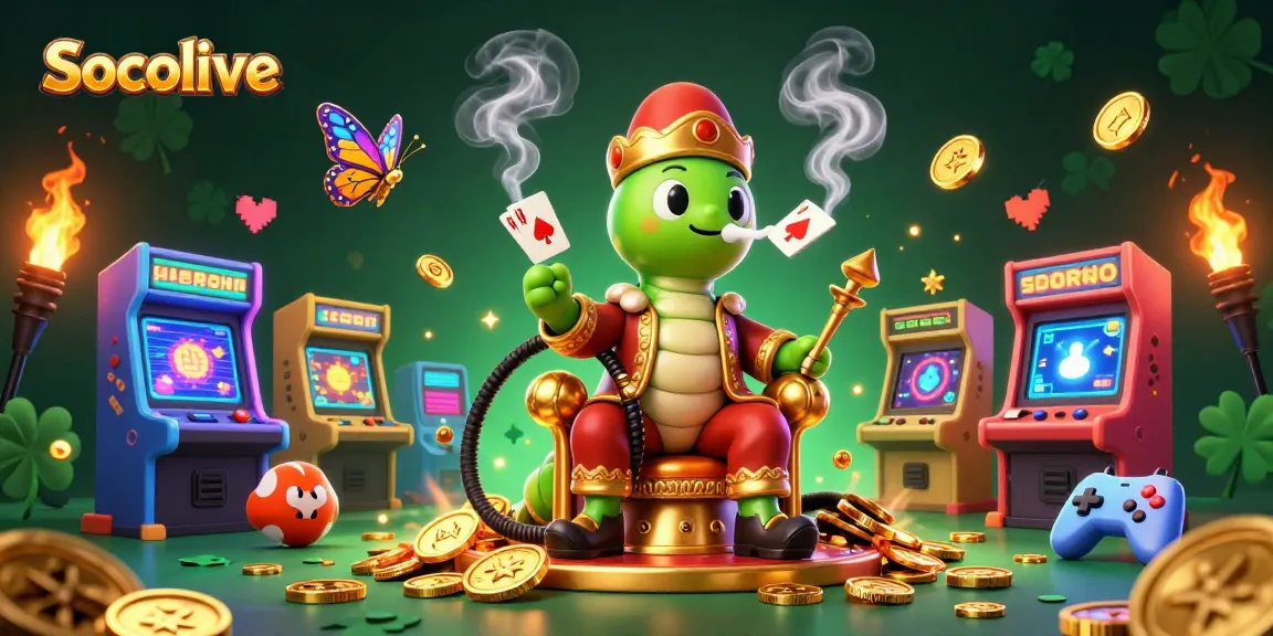 Socolive showcases a vibrant illustration of a caterpillar masterfully blowing poker symbols, surrounded by dynamic gambling elements.