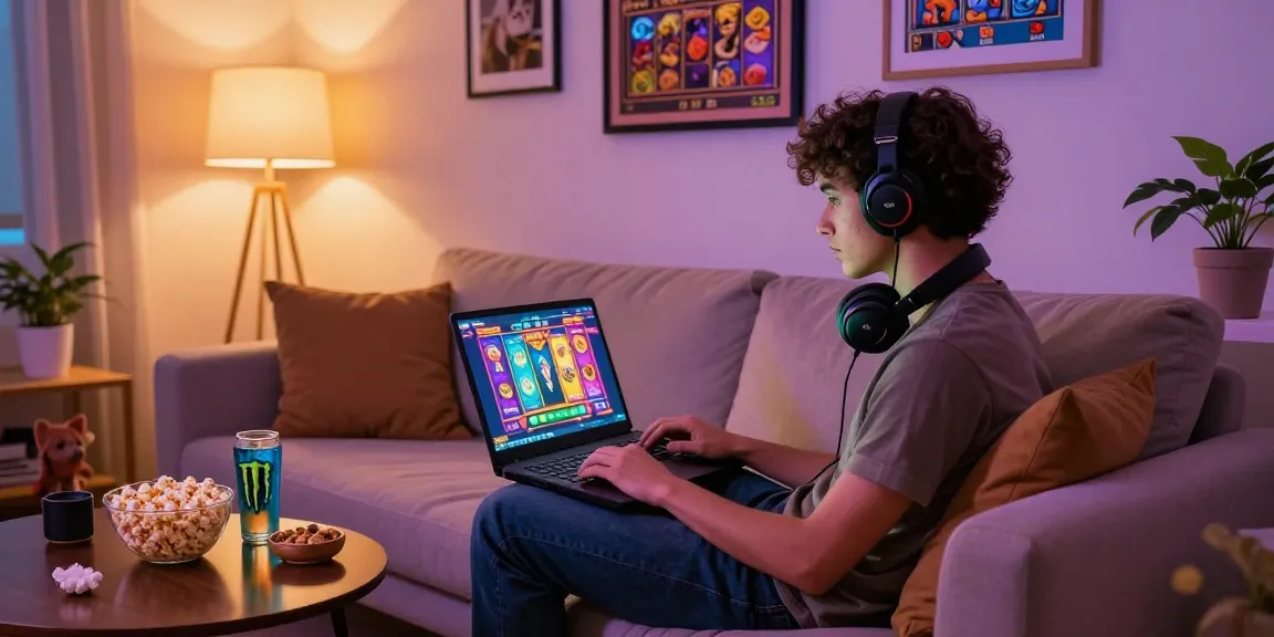 Exciting online gaming atmosphere with individual playing สล็อตเว็บตรง on a sleek laptop, cozy setting with vibrant decor.